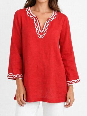 Talbots 100% Linen Red and White Embroidered Tunic Women's Sz S